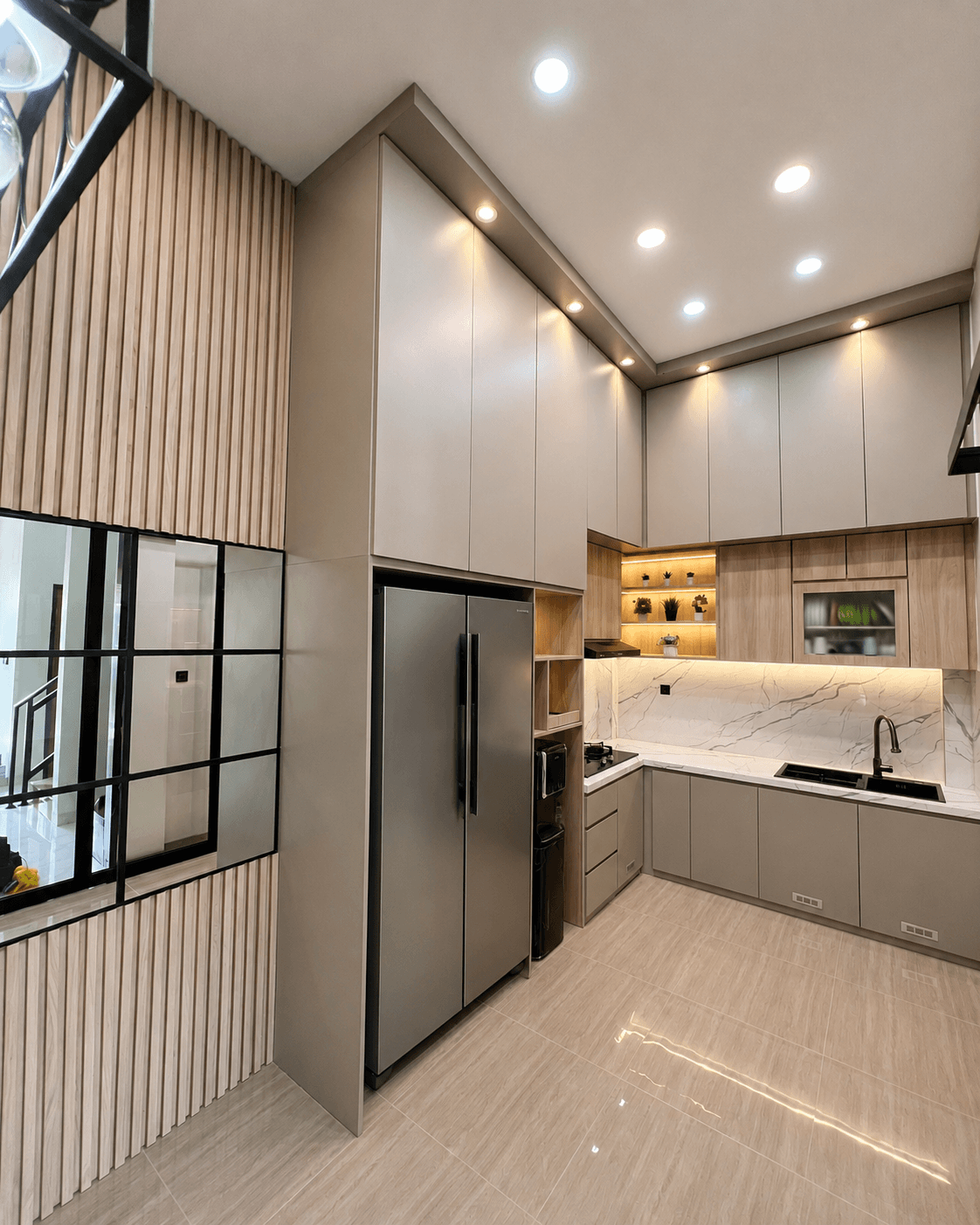 Visualisasi detail arsitektural pencahayaan dan layout dapur